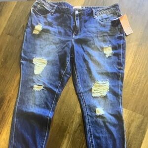 JustFab Dark Blue Distressed Boyfriend Jeans